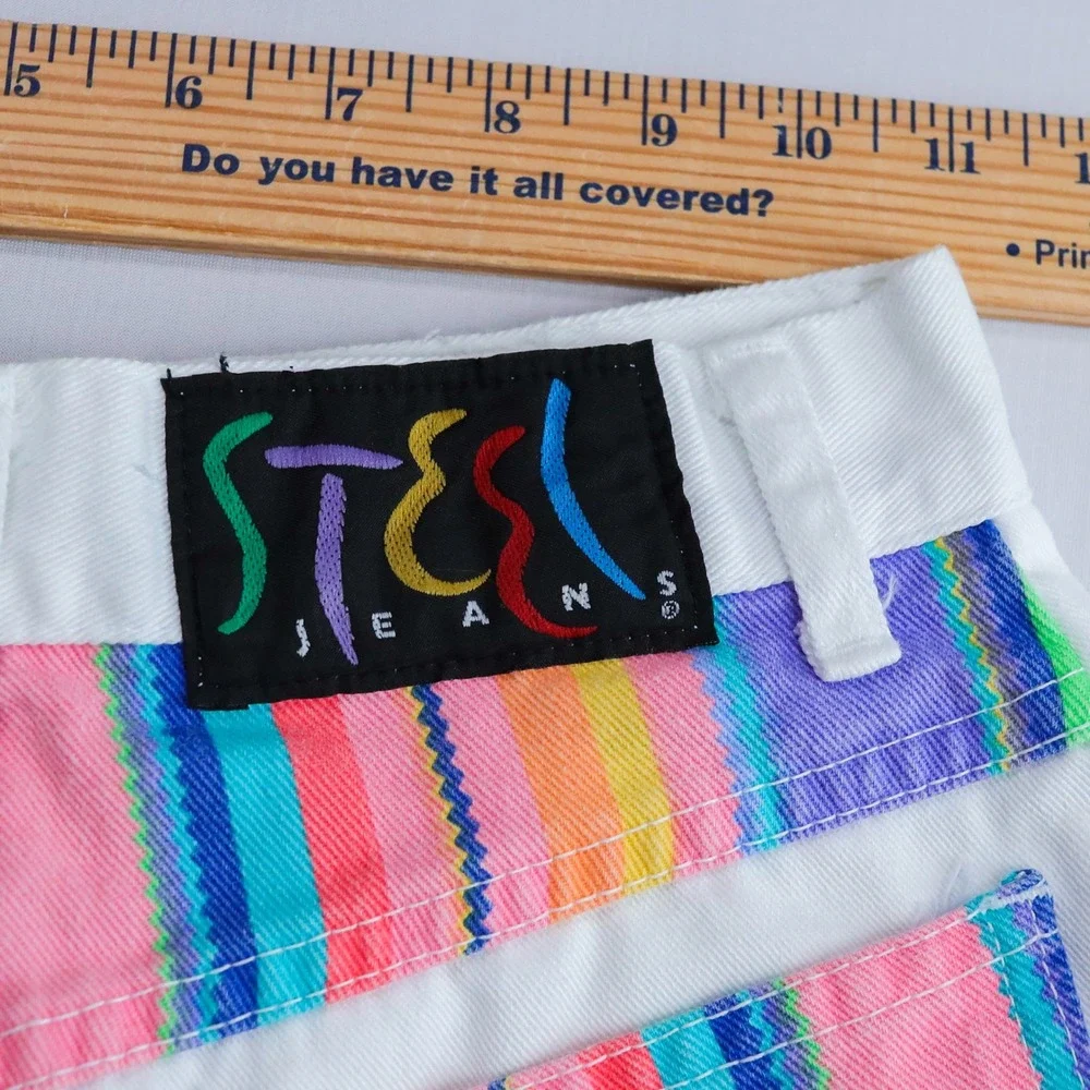 Vintage‎ 90s Steel Jeans Denim Shorts Womens 7 White Rainbow Stripe Fringe USA